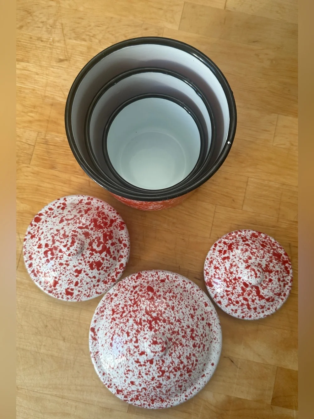 Farmhouse Red White Enamelware Splatterware Speckle Canister Set